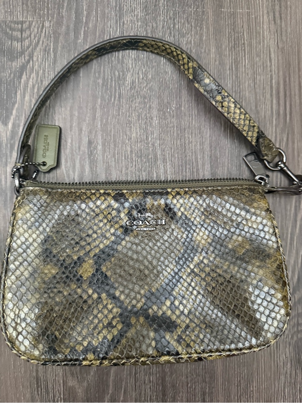 Coach Snake-Print Wristlet in Olive and Gold Tones